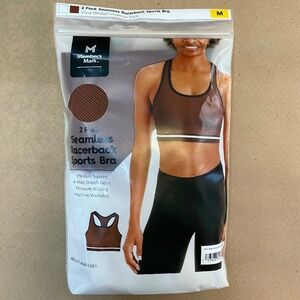 New Member's Mark Ladies 2 Pack Seamless Racerback Sports Bra White/Cinnamon NWT